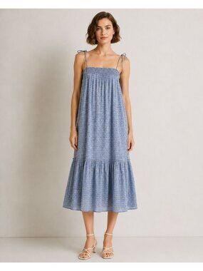 Ulla Johnson Blue Diamond Smocked Tiered Silk Midi Dress Womens Size 6